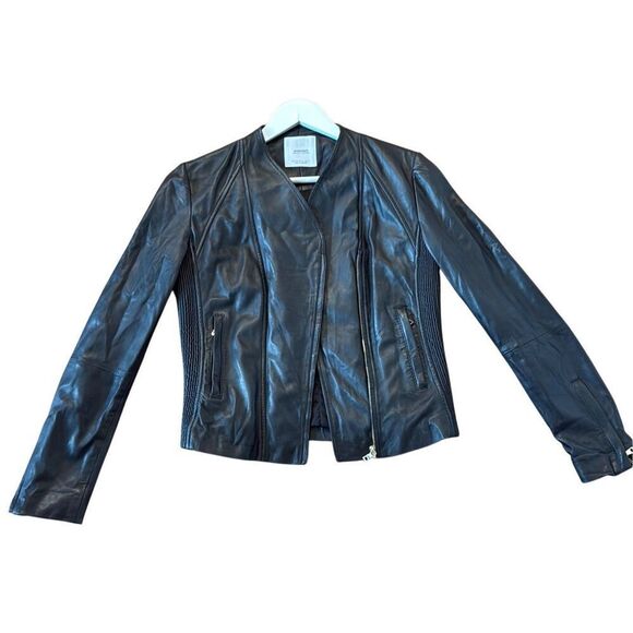 MANGO 100% genuine leather black zipper moto jacket size M - Picture 8 of 10